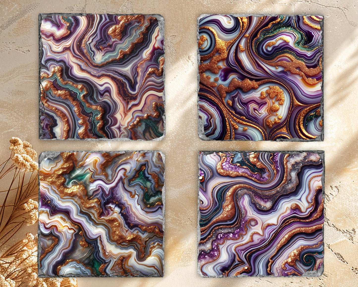 Mardi Gras Coaster Set of 4 - Purple Gold Glitter  Green Agate  Perfect Boho Housewarming Gift