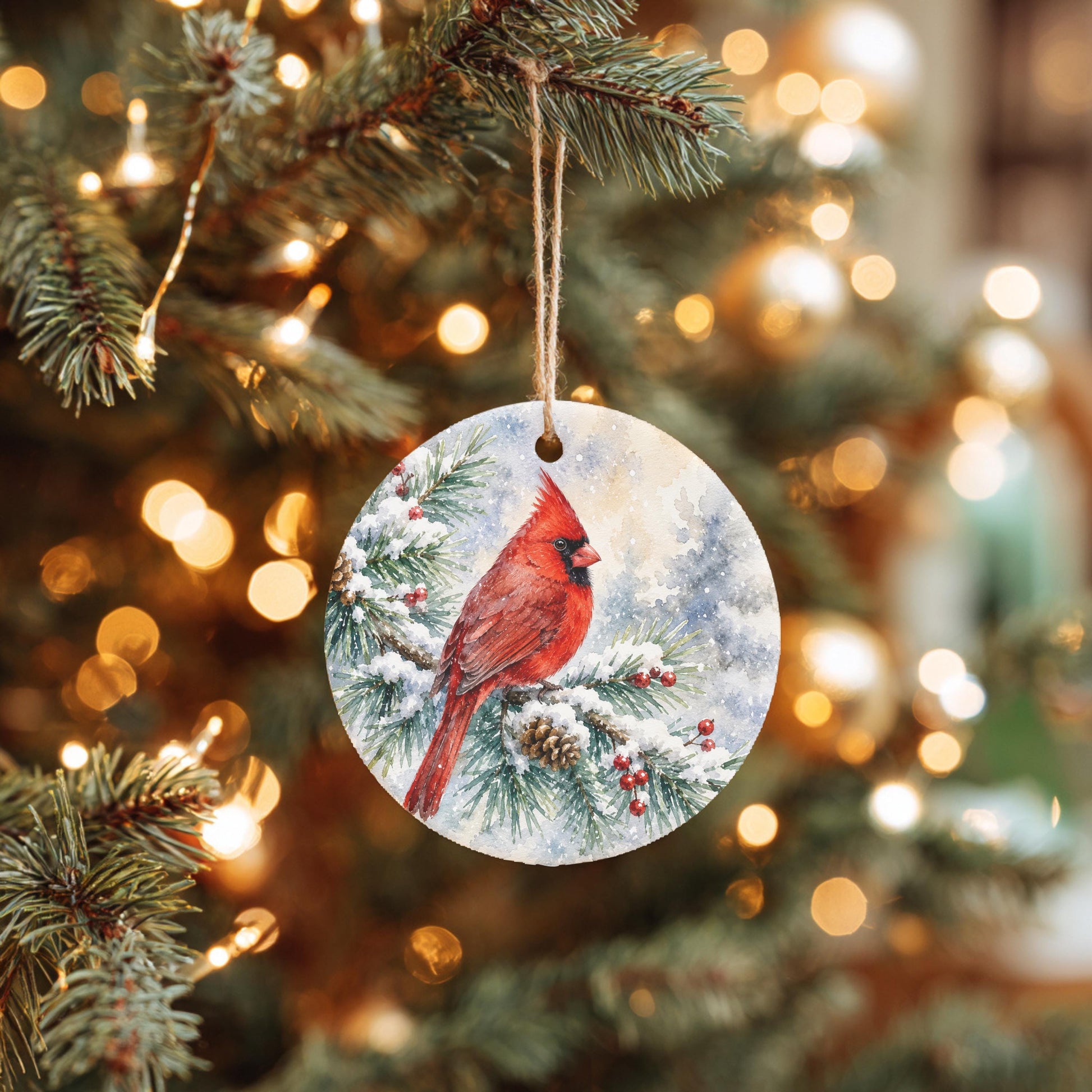A round ornament featuring a red cardinal perched on a branch, surrounded by snow and pine needles, is hanging from a Christmas tree.