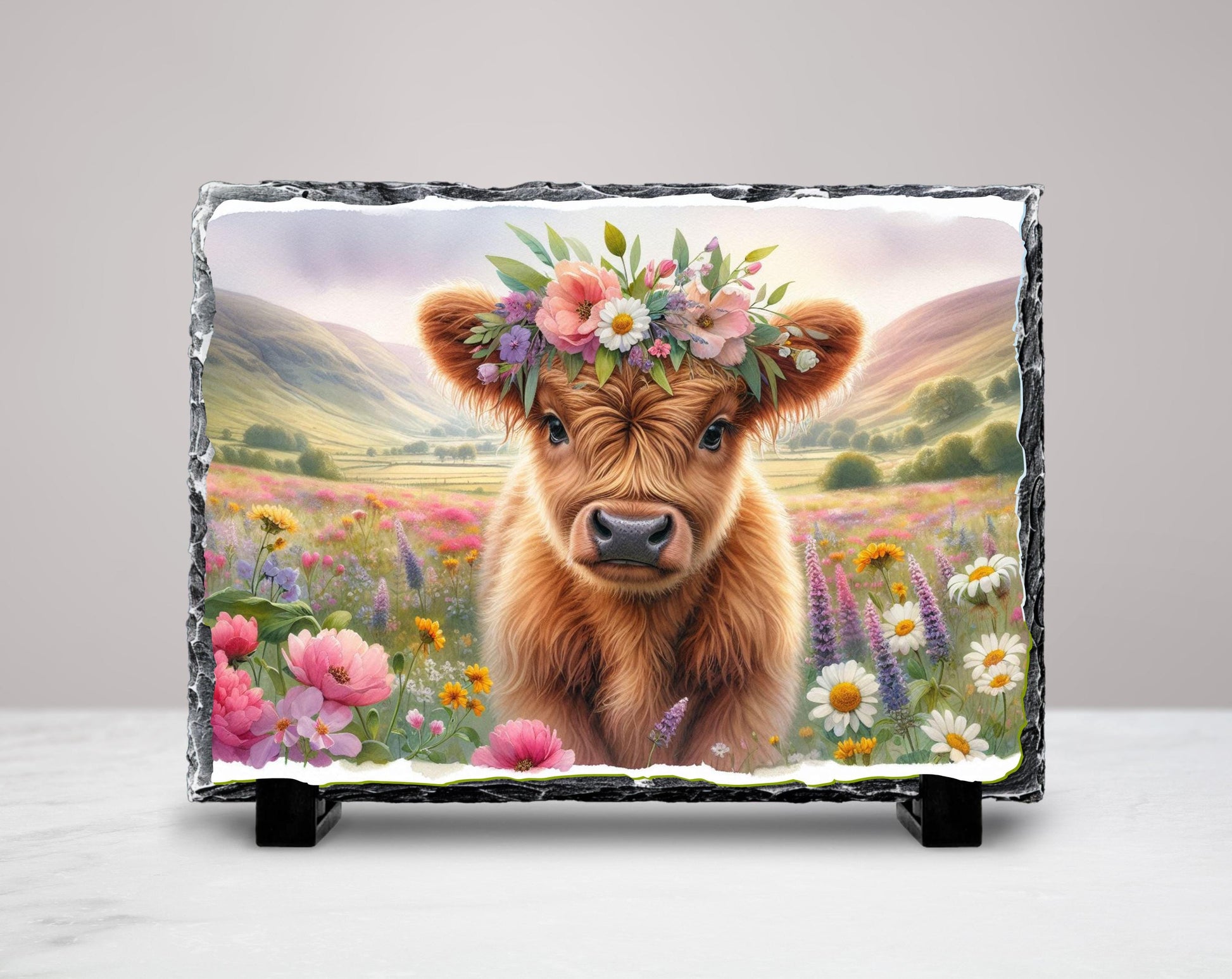 Baby Highland Cow Plaque – Natural Slate Floral Meadow Design, Handmade Slate Art - detail view