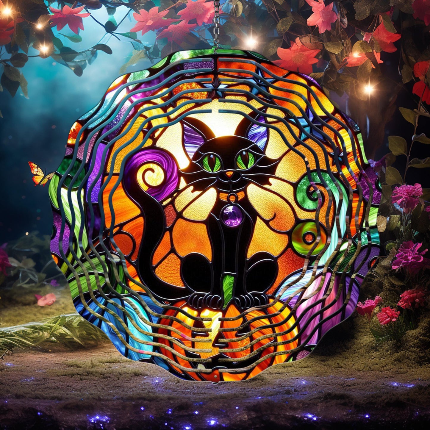 Black Cat Wind Spinner - Halloween Decor in Faux Stained Glass UV-Protected Aluminum