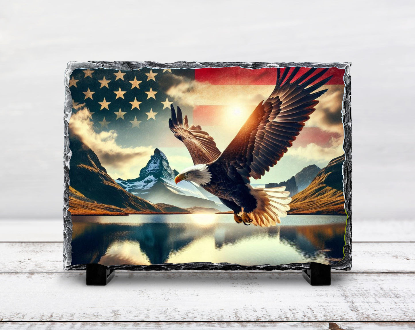 Patriotic Slate Sign - Bald Eagle Decor With American Flag Art & Mountain Lake