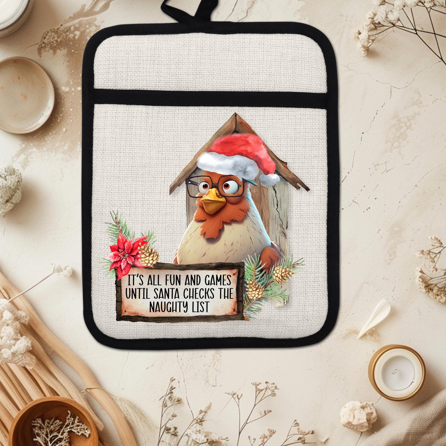 Funny Chicken Christmas Pot Holder with Naughty List Quote  Santa Hat - Rustic Linen Hot Pad for Festive Kitchen Decor