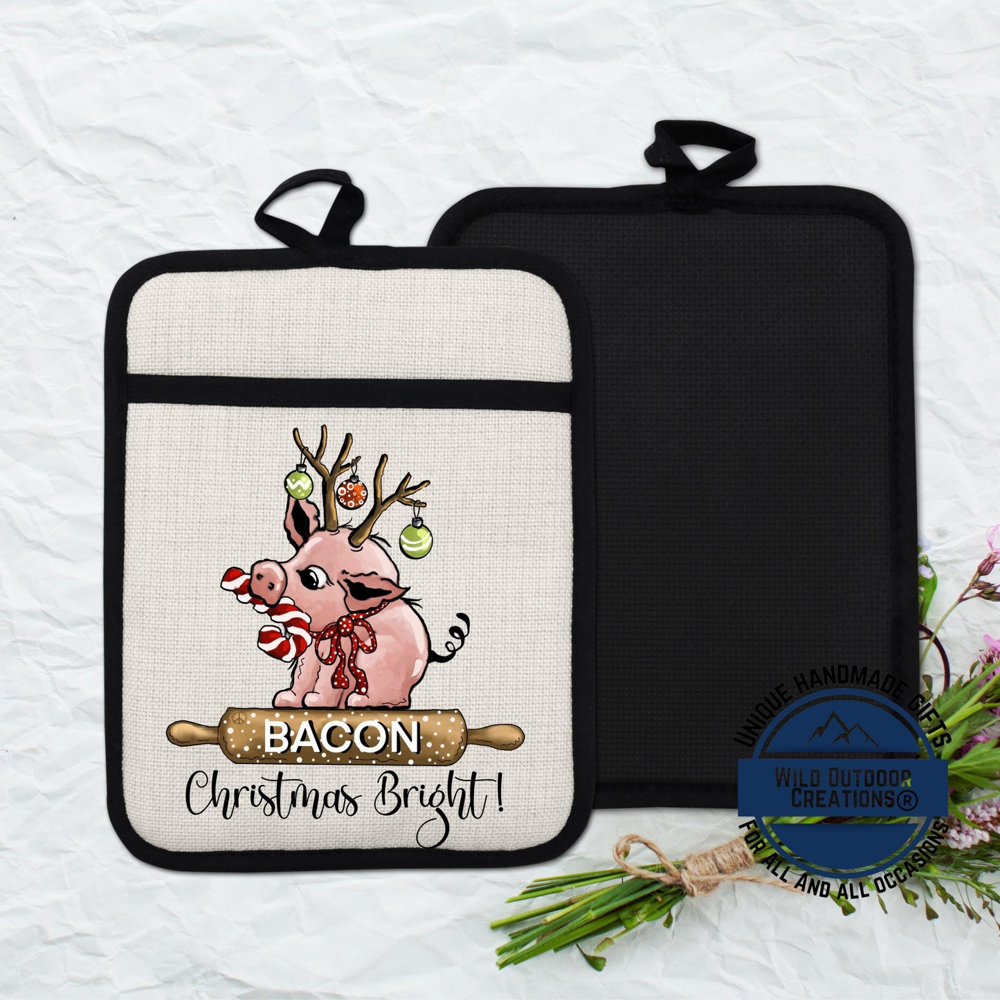 Christmas Pig Pot Holder Linen Hot Pad Bacon Reindeer Funny Kitchen Gift