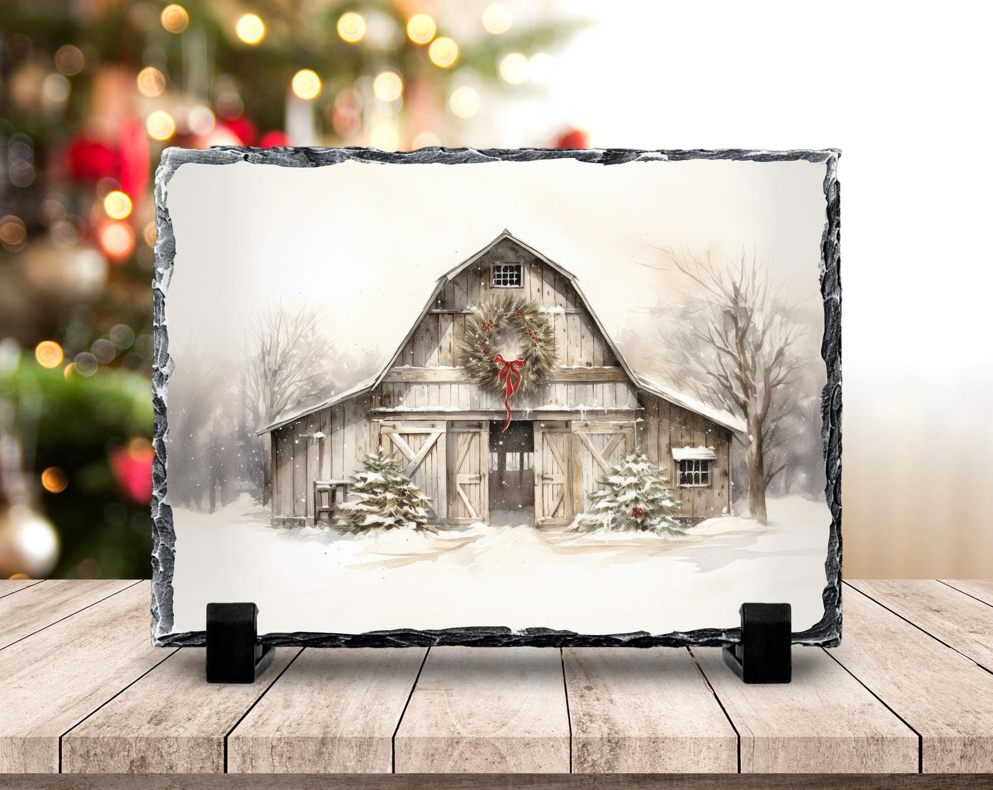 Rustic Christmas Slate Plaque with Barn Scene Wreath  Snow  Perfect Holiday Decor Gift