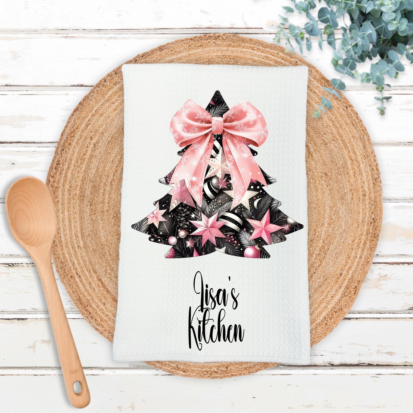 Personalized Christmas Tree Kitchen Towel  Waffle Weave Holiday Decor