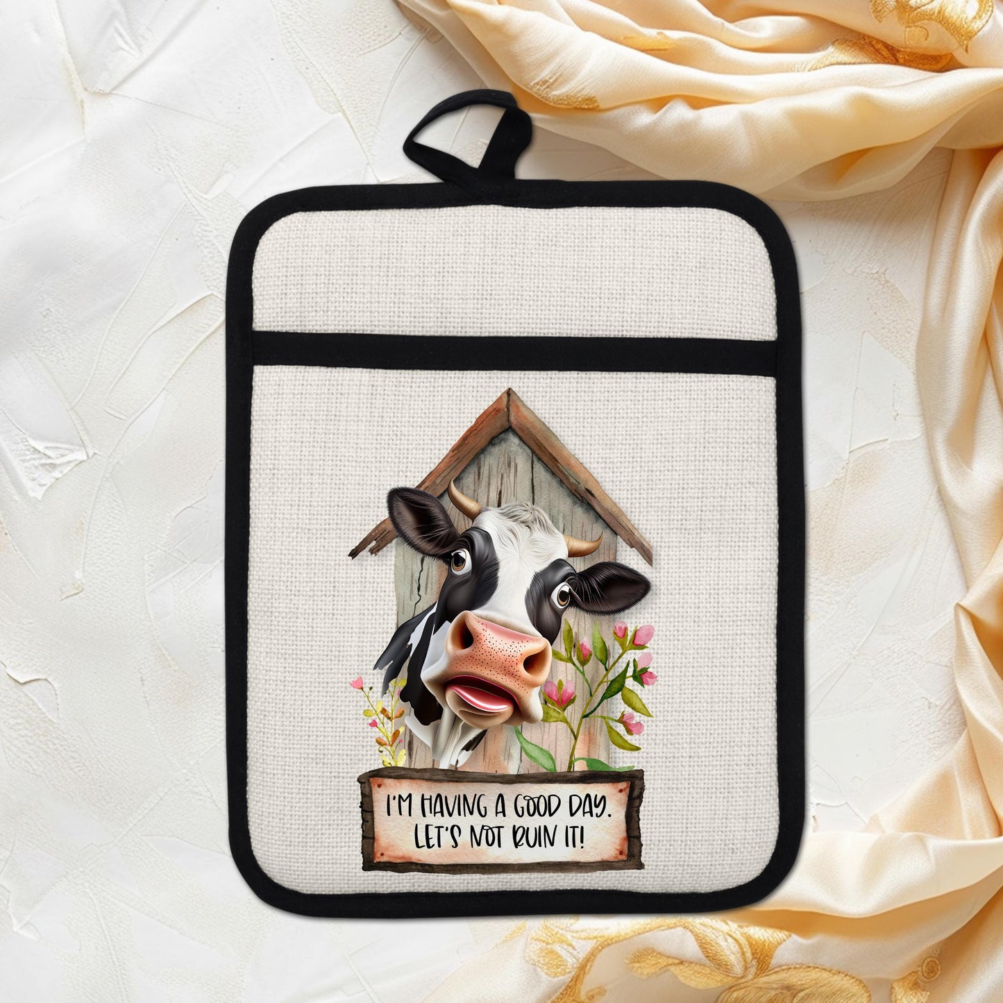 Rustic Funny Cow Pot Holder with Silicone Back  Hanging Loop - 9x7 Linen Hot Pad for Barn Kitchen Decor
