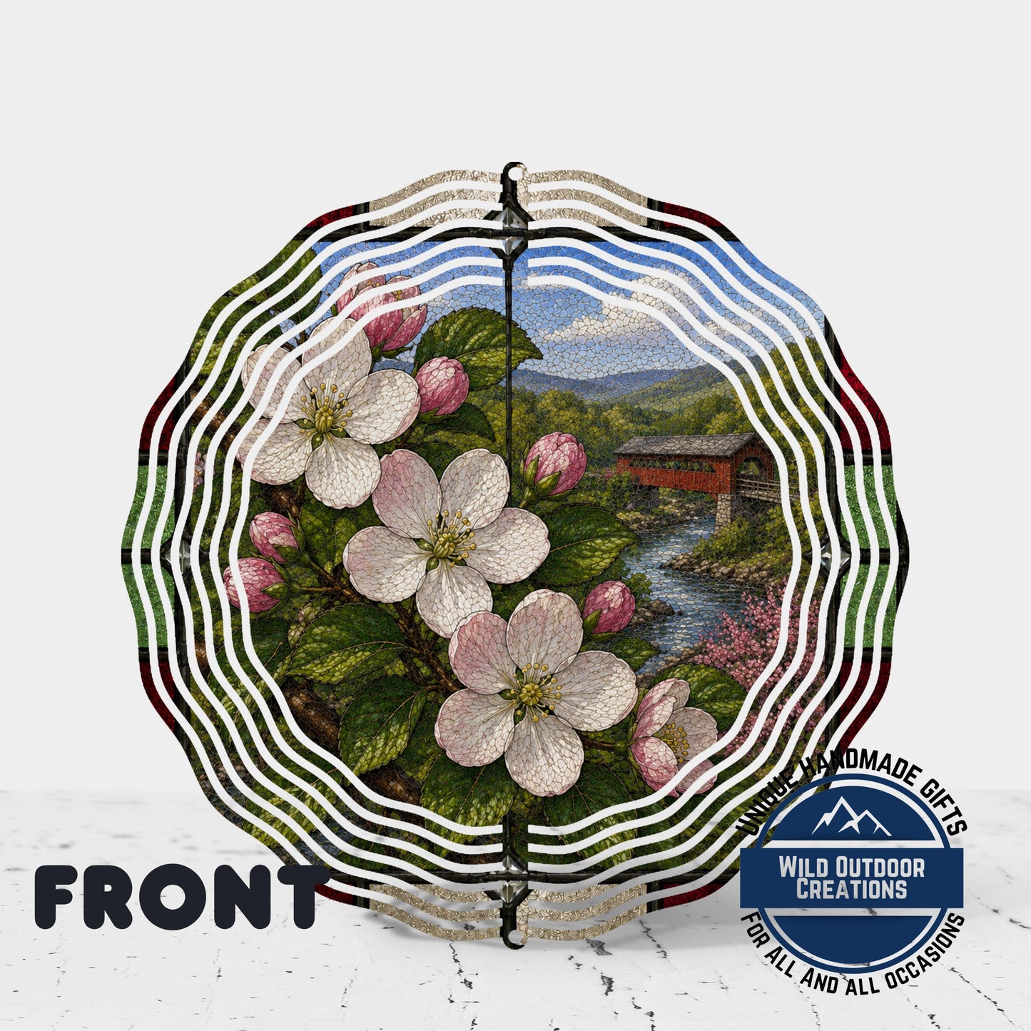 Apple Blossom Wind Spinner - Arkansas State Flower Stained Glass Style Outdoor Decor