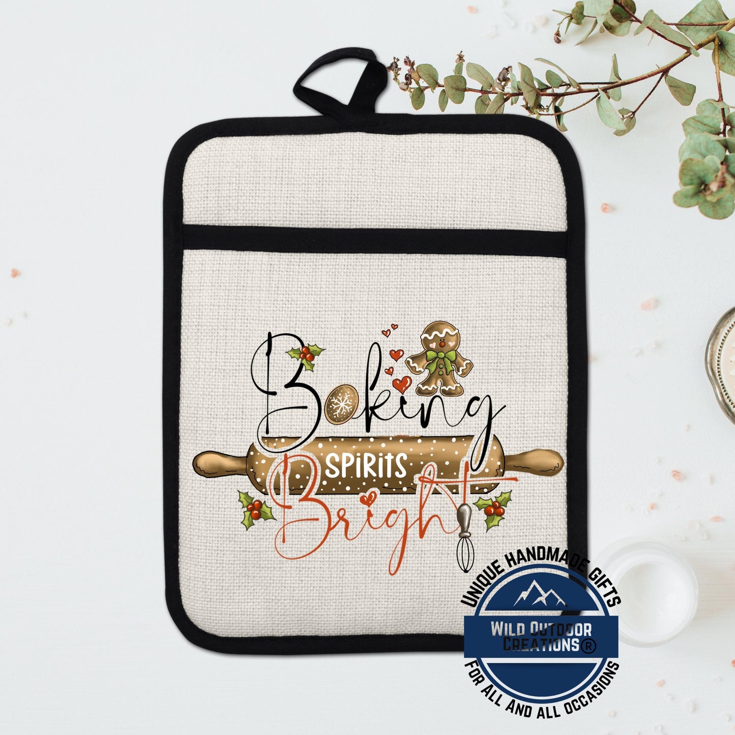 Baking Spirits Bright Christmas Pot Holder Linen Hot Pad Gingerbread Kitchen Gift