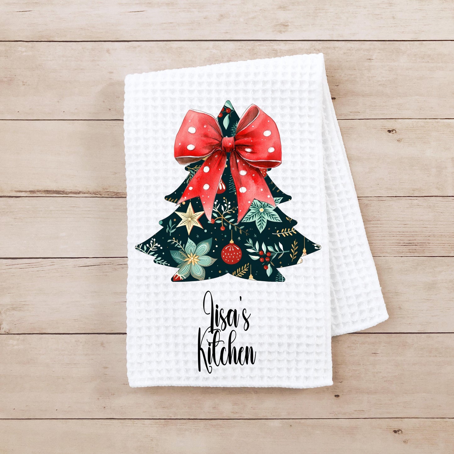Floral Christmas Tree Kitchen Towel - Waffle Weave Microfiber for Holiday Cheer