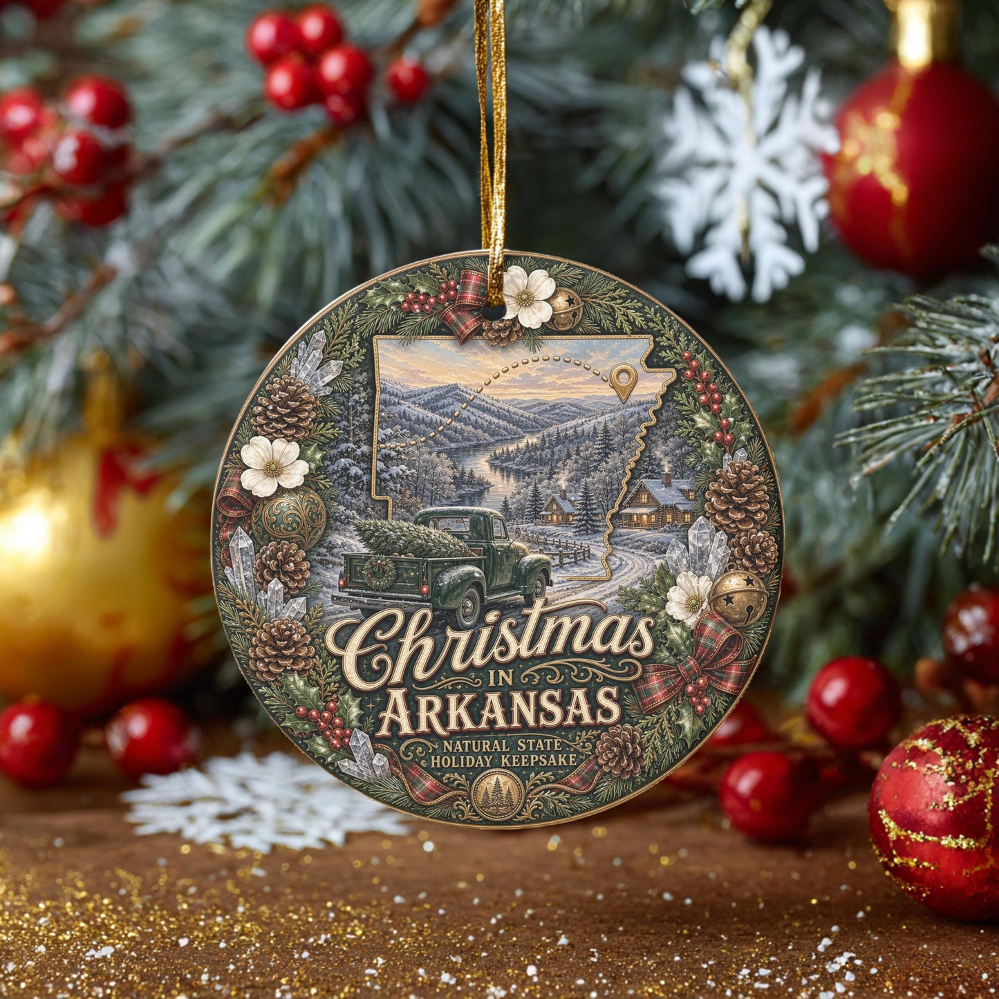 Arkansas Christmas Ornament, Vintage Truck River Ceramic Keepsake