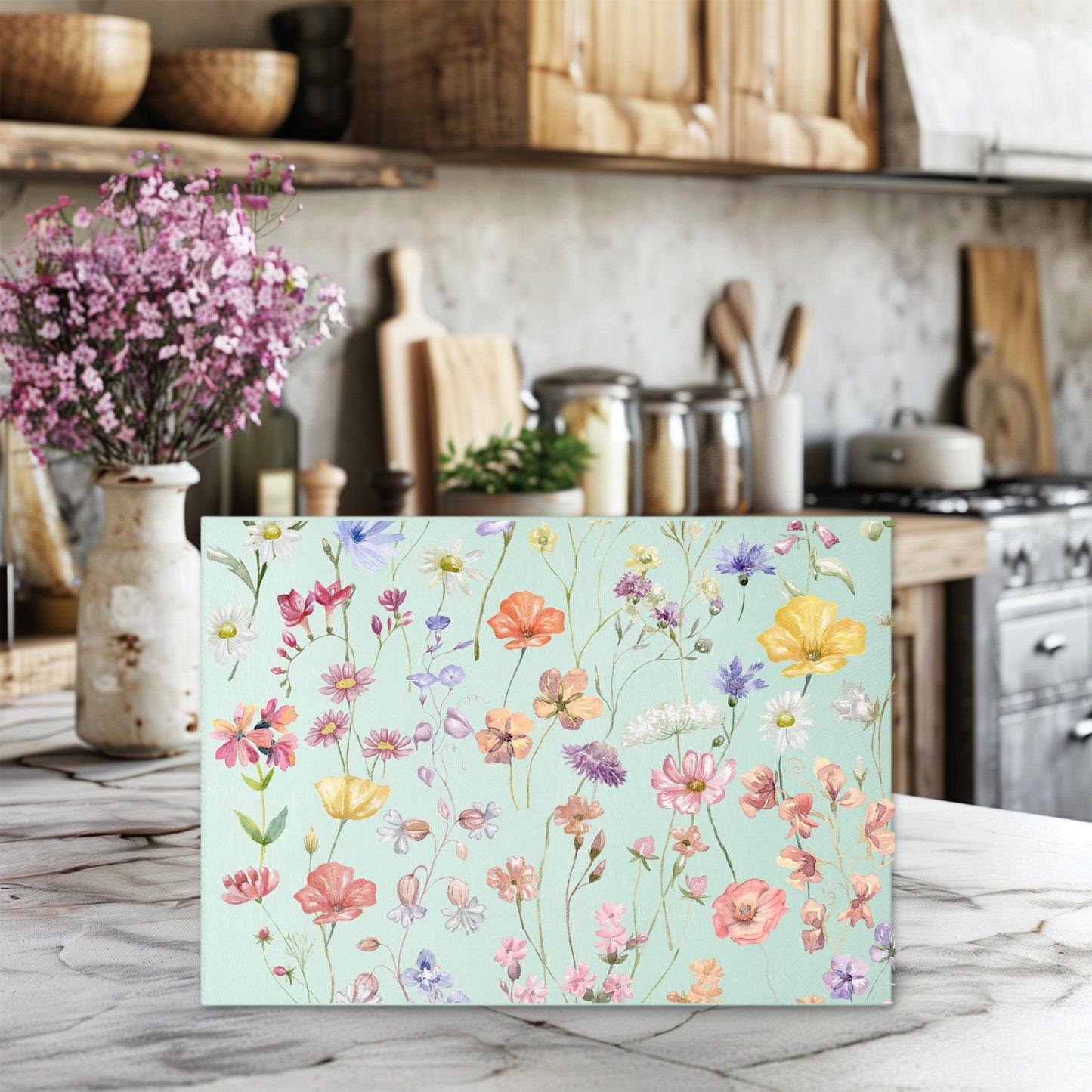 Boho Wildflowers Glass Cutting Board, Unique Kitchen Decor, Hostess Housewarming Gift, Unique Gift for Bride, Charcuterie Board, Textured