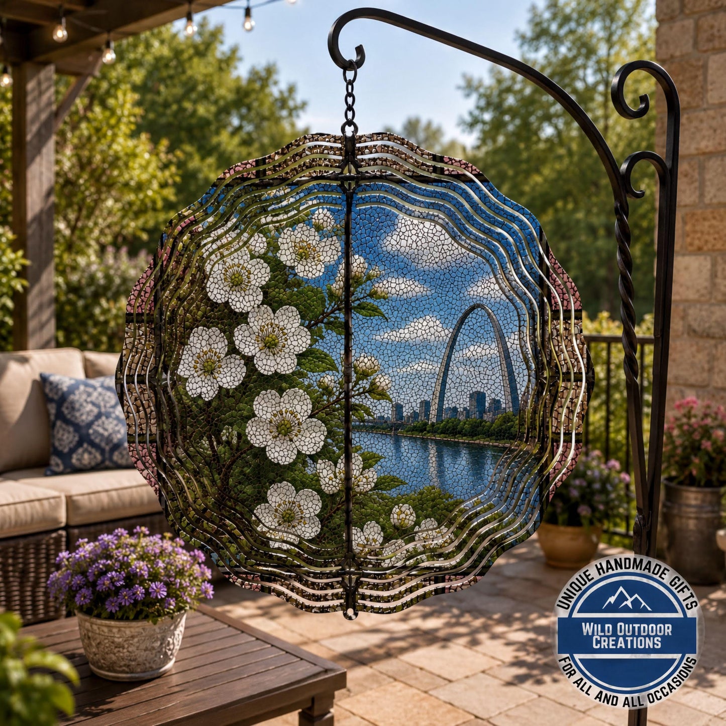 Missouri State Flower Hawthorn Blossom Wind Spinner Stained Glass Gateway Arch Decor 10 Inch