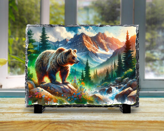 Watercolor Bear Slate Plaque - Rustic River Scene with Wildflowers  Mountains Perfect Forest Decor Gift