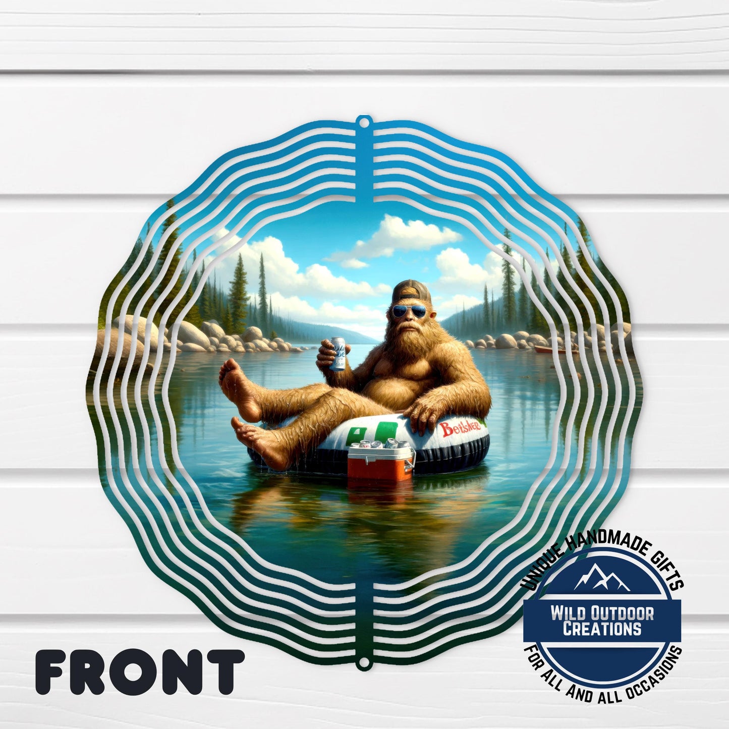 Bigfoot Wind Spinner - Aluminum Garden Decor | Double-Sided Lake House Ornament - lifestyle display