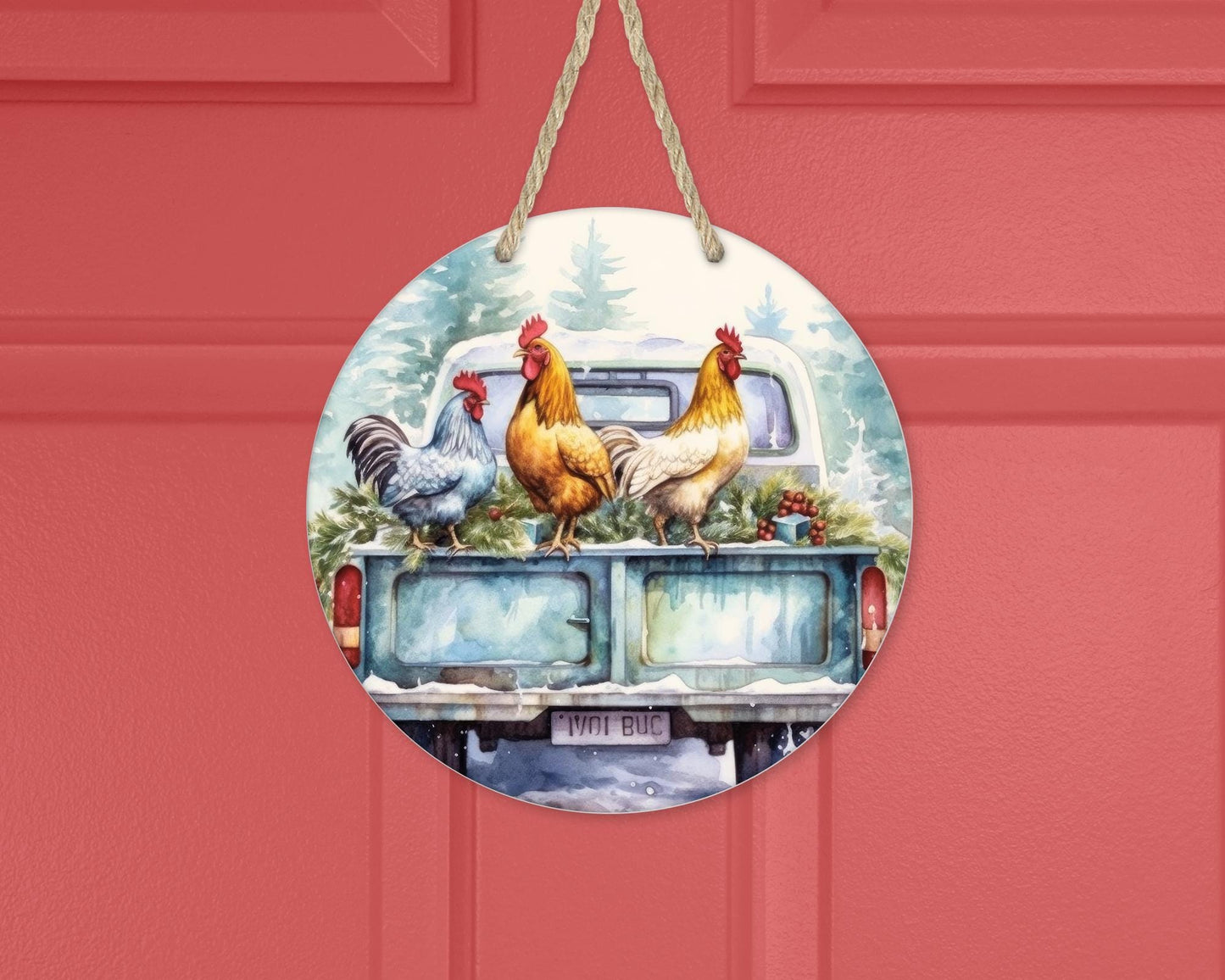 Colorful Farm Truck Door Wreath, Round Aluminum 10x10 Home Decor, Unique Gifts for Chicken Lover, Unique Wreath, Whimsical Decor, Farmhouse