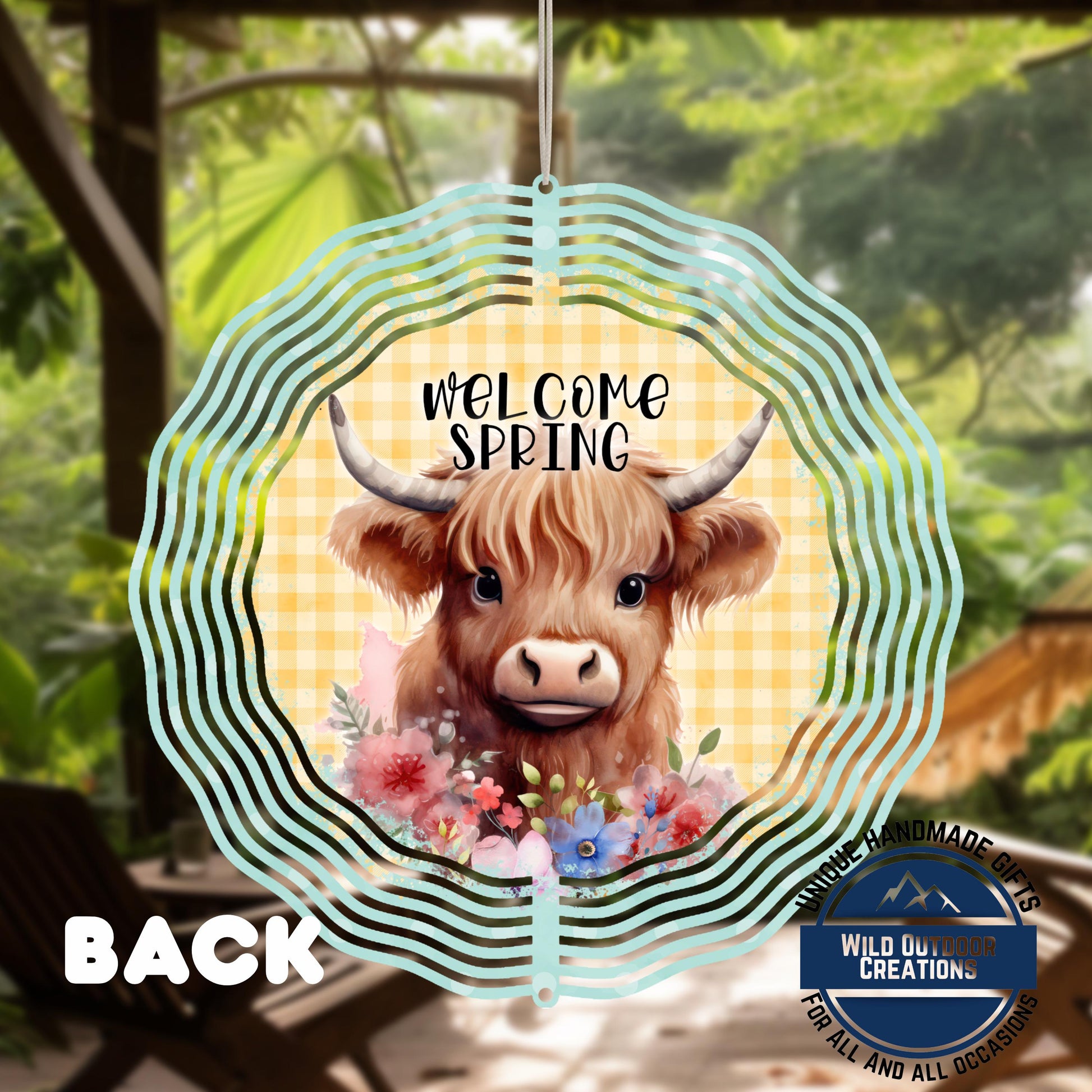 Highland Cow Spinner - Double Sided Outdoor Garden Decor with UV Protected Finish - scale and size reference