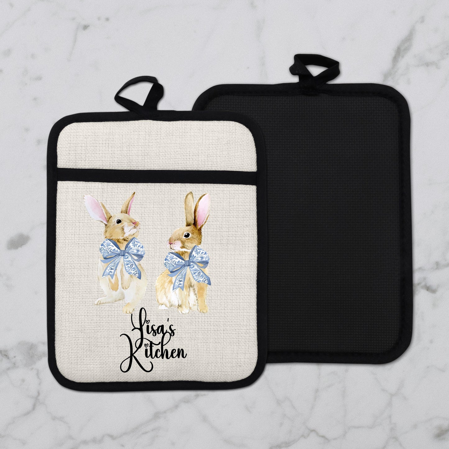 Personalized Easter Pot Holder - Custom Bunny Kitchen Gift with Chinoiserie Blue Design - additional product photo 12