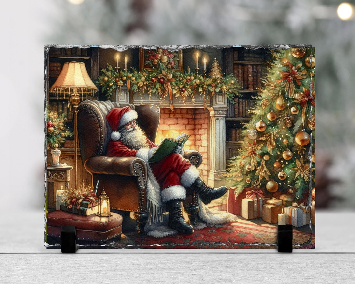 Cozy Santa Reading Slate with Fireplace  Tree - Charming Christmas Mantle Accent
