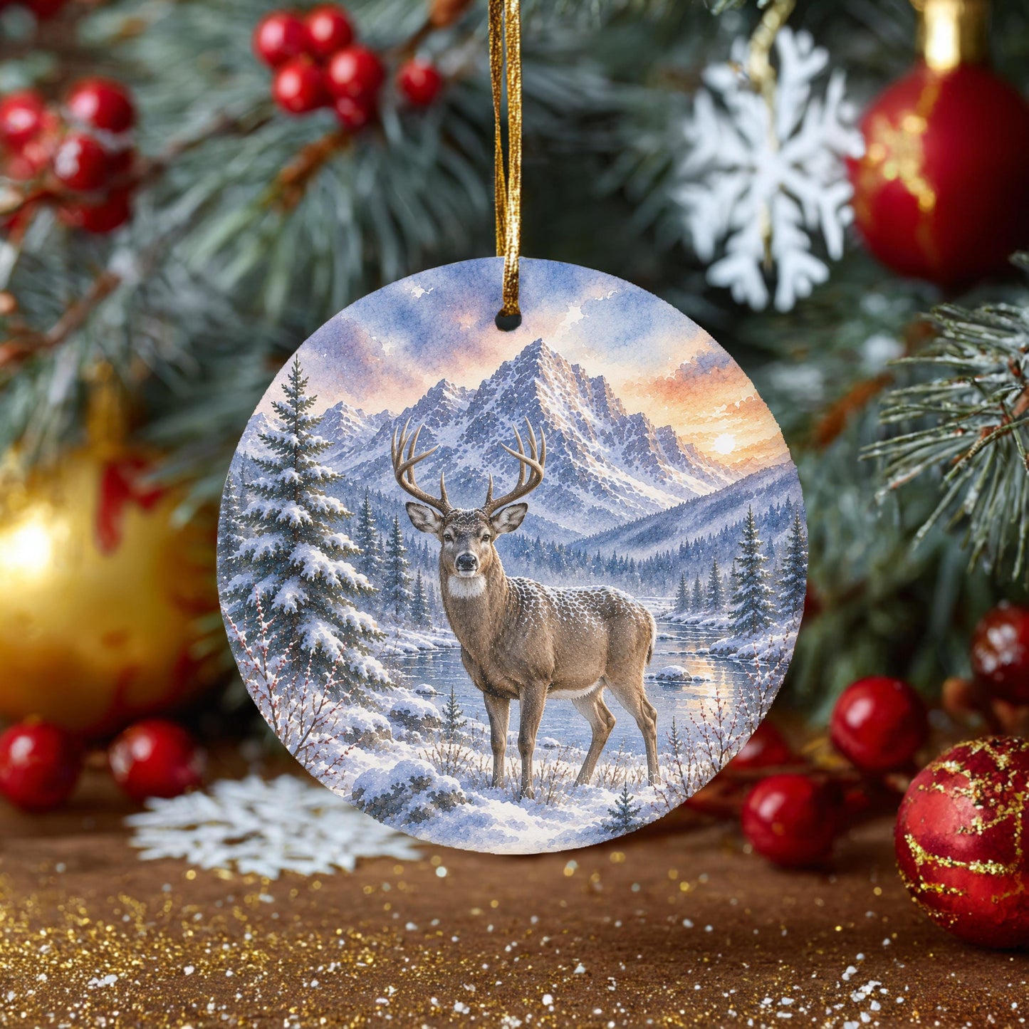 Whitetail Deer Ornament, Watercolor Mountain River Scene, Ceramic, 3 Inch