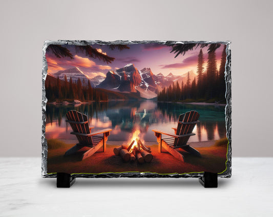 Campfire Slate Plaque – Rustic Stone Decor | Mountain Lake Art & Cozy Cabin Gift