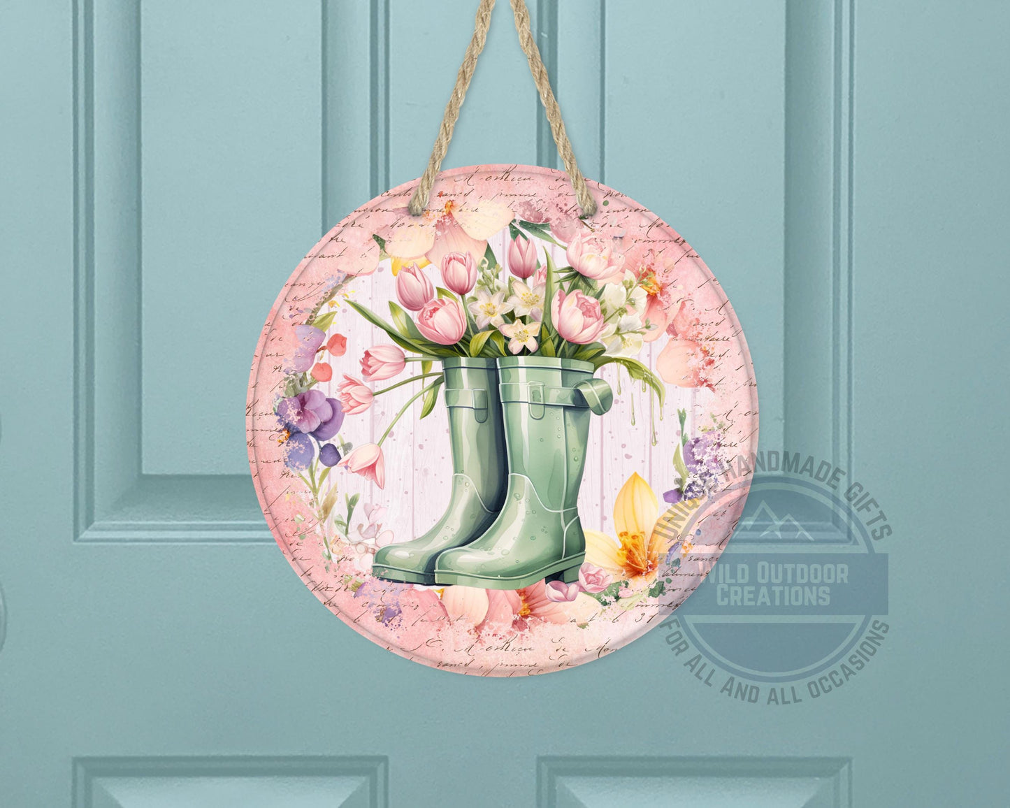 Spring Garden Boots - Pink Tulip Floral Door Hanger | Rustic Farmhouse Charm