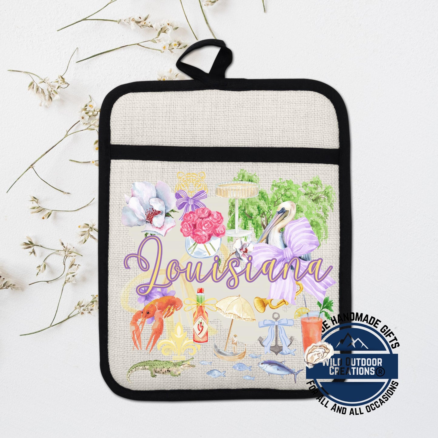 Louisiana Pot Holder | Non Slip Silicone Back Pocket Potholder Linen Kitchen Gift - scale and size reference