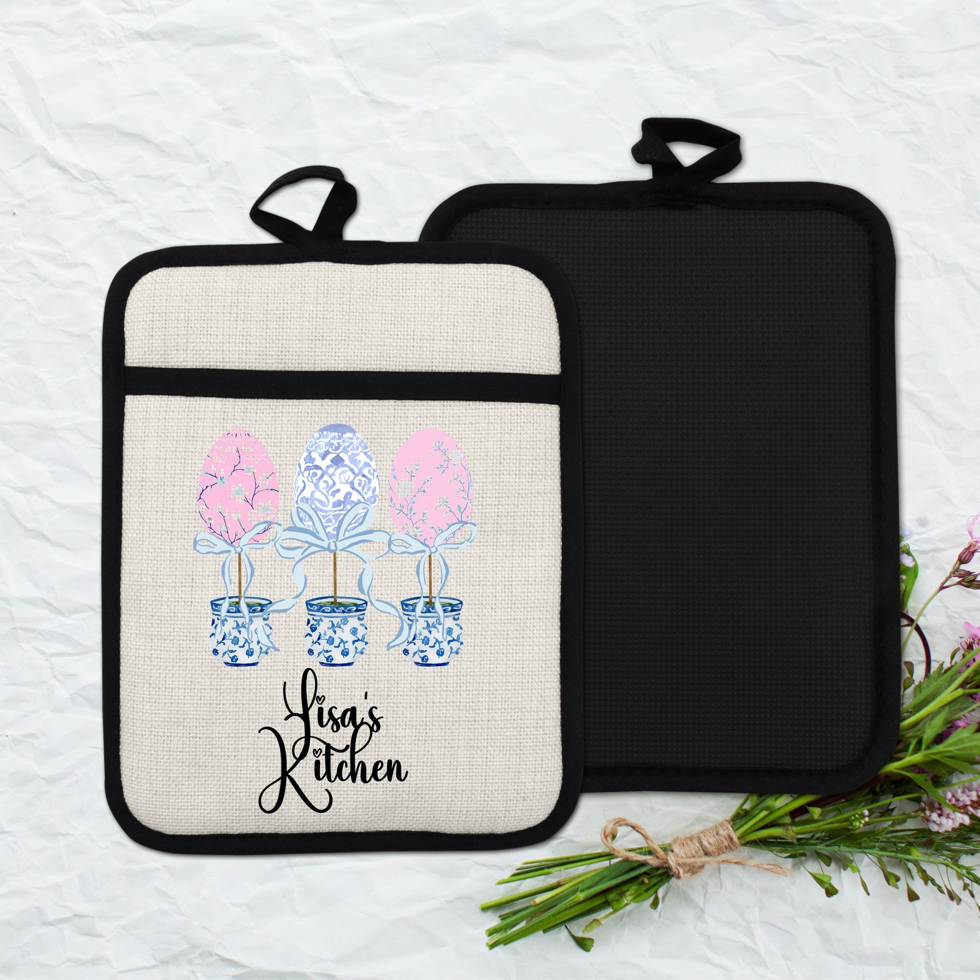 Personalized Easter Pot Holder – Custom Linen Kitchen Gift with Chinoiserie Eggs - additional product photo 13