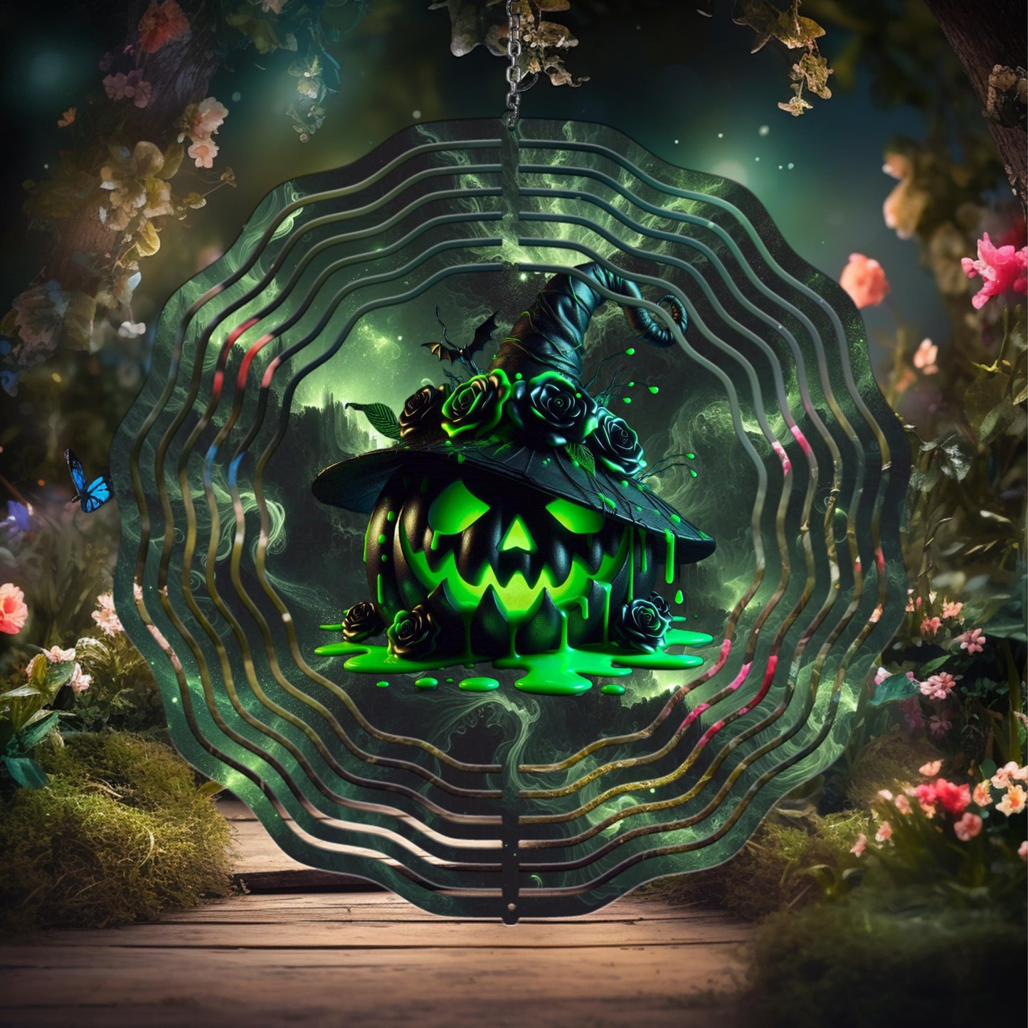 Jack-O-Lantern Wind Spinner - Neon Green UV-Protected Aluminum Garden Decor