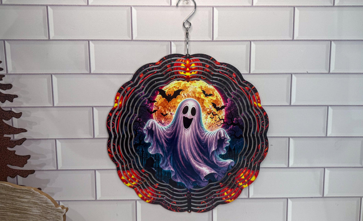 Ghost 10 Inch Wind Spinner - Halloween Porch Decor | 360 Swivel | Indoor Outdoor Display