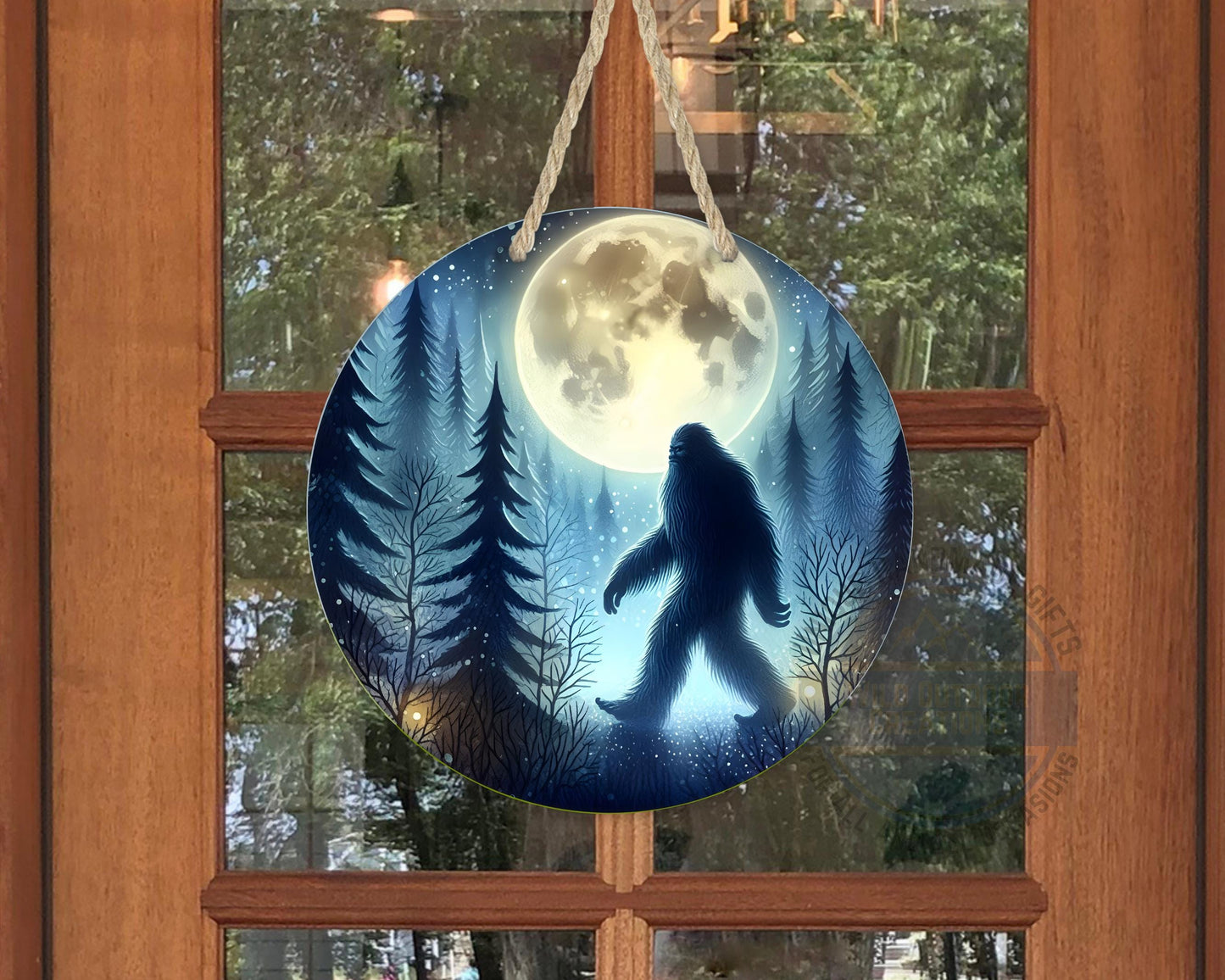 Bigfoot Door Hanger - Aluminum Round Porch Sign With Moonlit Forest Decor
