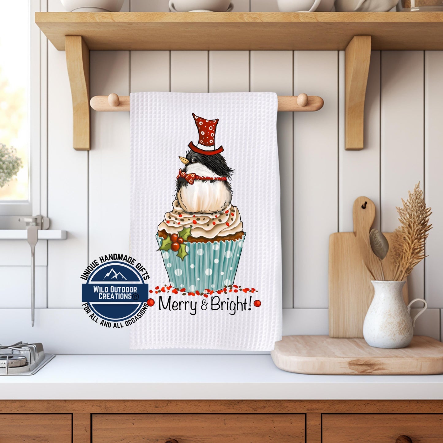 Chickadee Cupcake Christmas Kitchen Towel Merry Bright Bird Waffle Weave Holiday Decor Gift