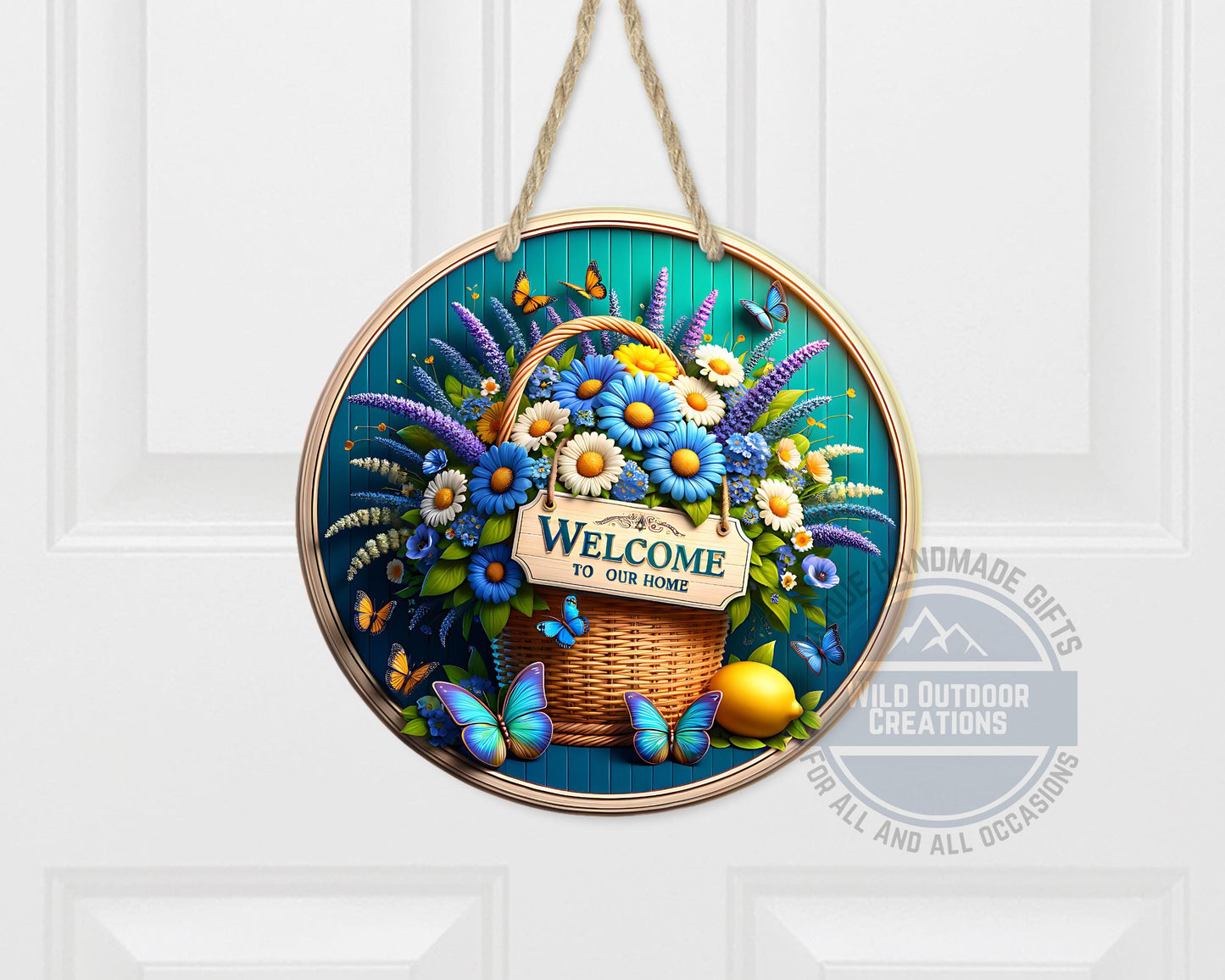Welcome Door Sign – Blue Daisy Floral Basket | Outdoor Aluminum Porch Decor