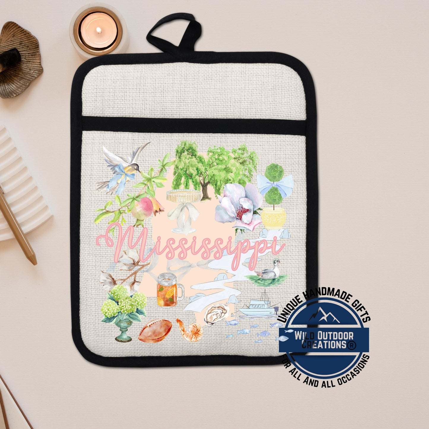 Mississippi Pot Holder | Non Slip Silicone Linen Pocket Potholder With Magnolia Design - detail view