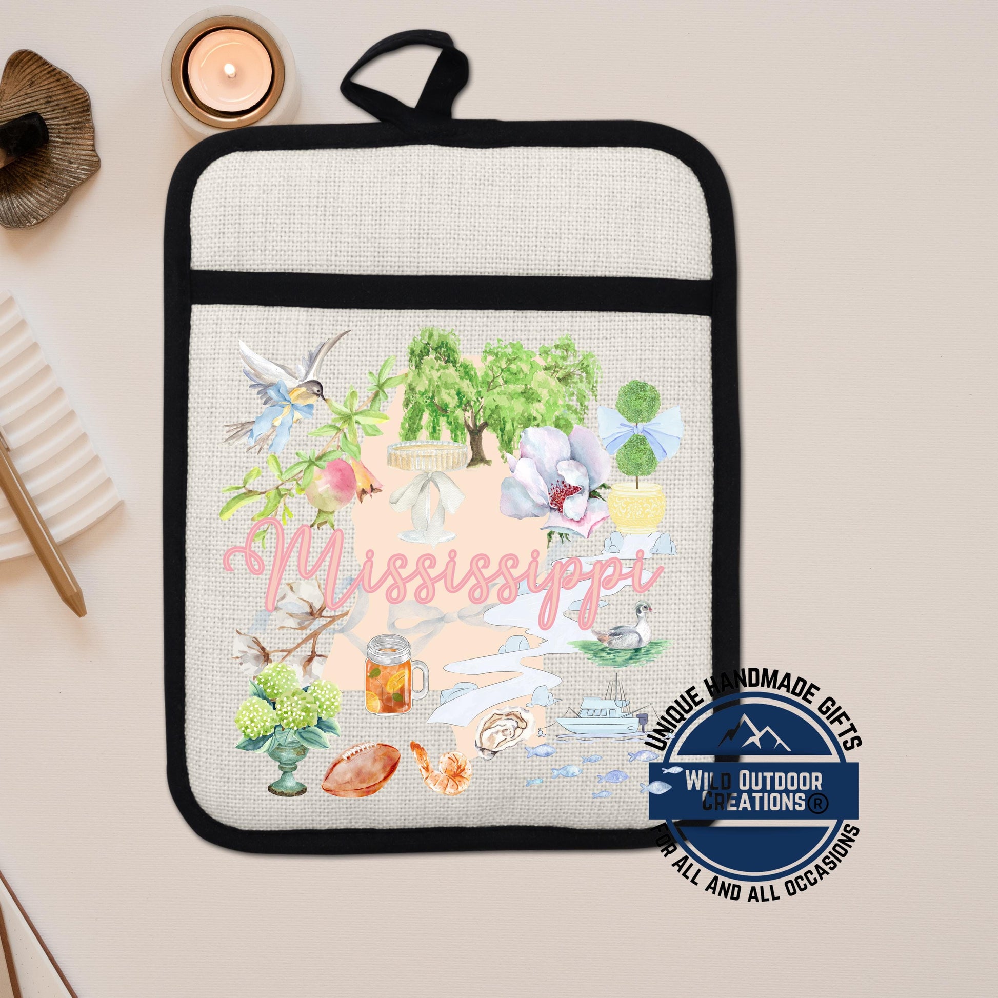 Mississippi Pot Holder | Non Slip Silicone Linen Pocket Potholder With Magnolia Design - detail view