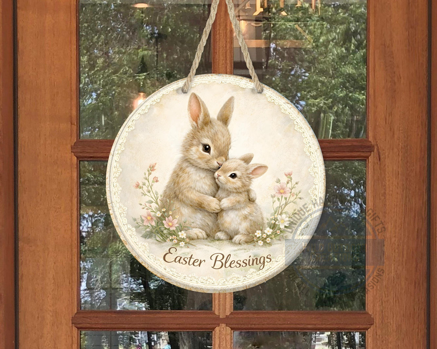 Spring Bunny Door Hanger – Floral Easter Sign | 10" Round Aluminum Decor