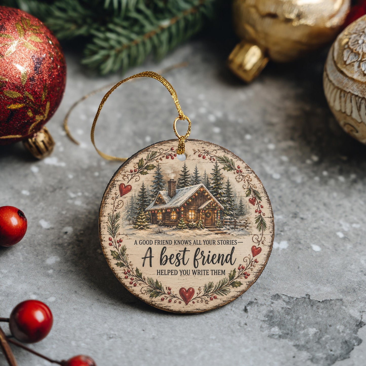 A wooden ornament with a winter scene and a quote about friendship is displayed on a gray surface, surrounded by Christmas decorations.