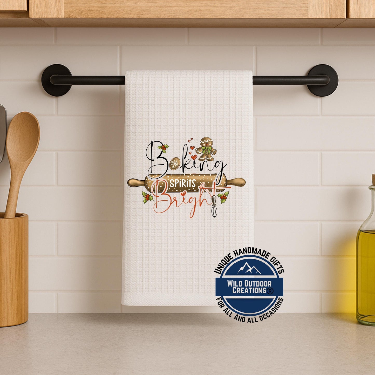 Baking Spirits Bright Christmas Kitchen Towel Gingerbread Waffle Weave Holiday Baker Decor Gift
