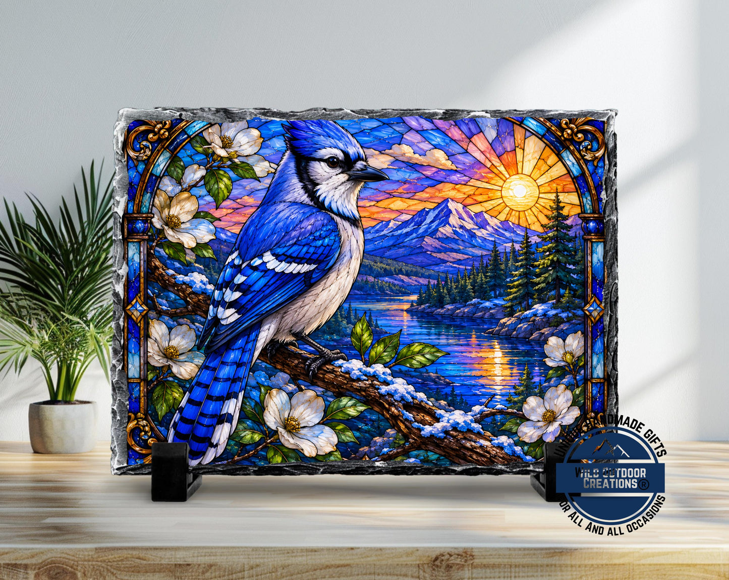 Blue Jay Faux Stained Glass Slate Plaque, Mountain Lake Sunset Bird Decor, Birder Gift