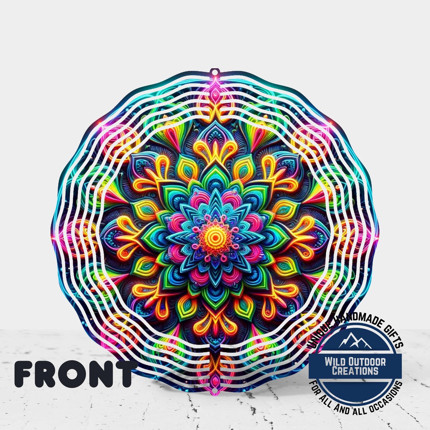 Neon Mandala Wind Spinner - 10 Inch Aluminum Outdoor Wind Spinner with Vibrant Neon Colors