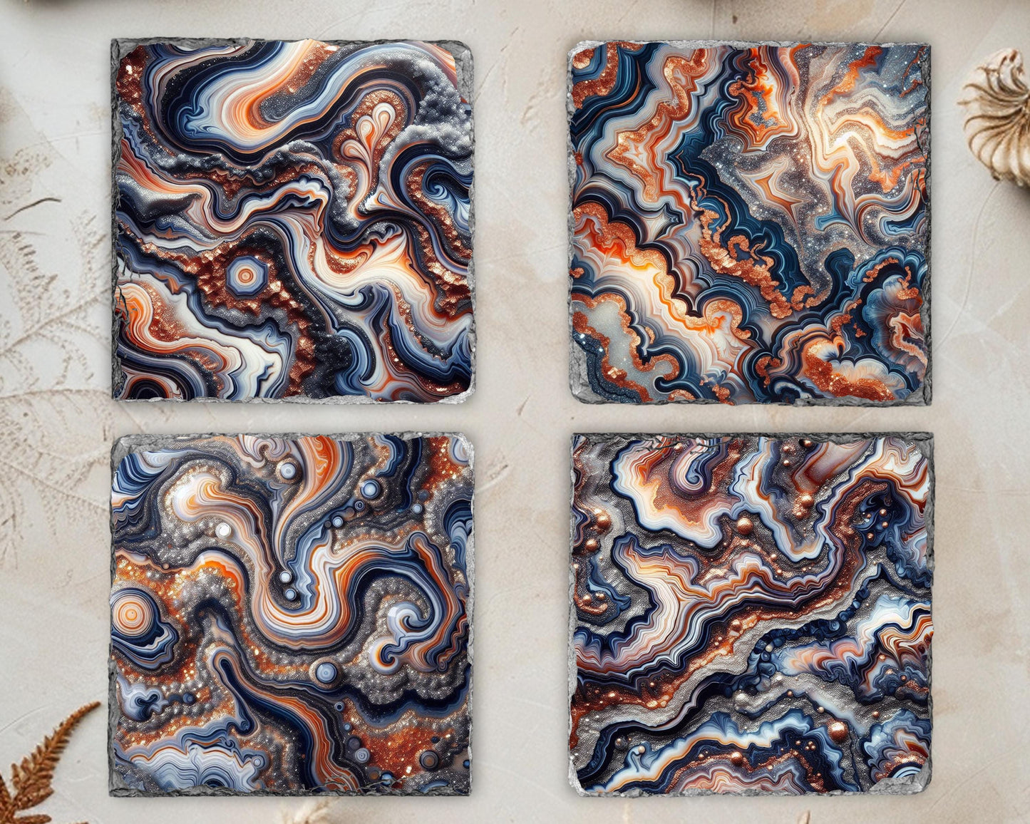 Blue Orange Silver Glitter Agate Coaster Set of 4 - Fractured Edge Boho Drinkware for Housewarming Gifts