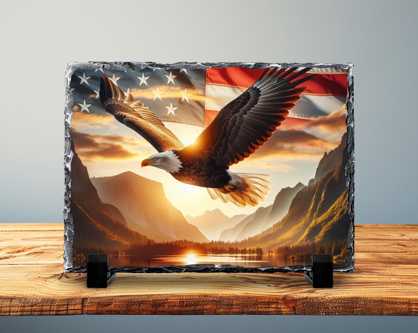 Patriotic Slate Sign - Bald Eagle Decor with American Flag Art, Rustic Slate Sign