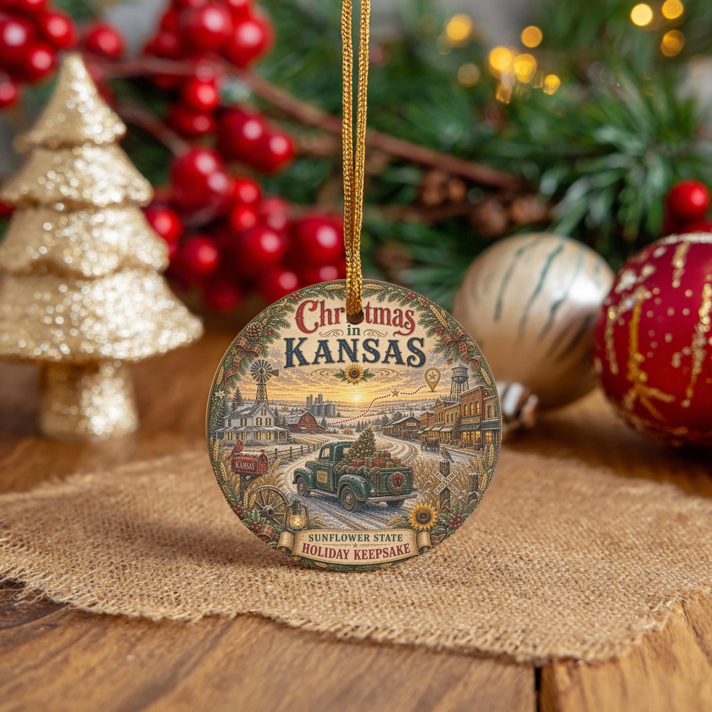 Kansas Christmas Ornament | Vintage Green Truck Ceramic Keepsake, 3 Inch