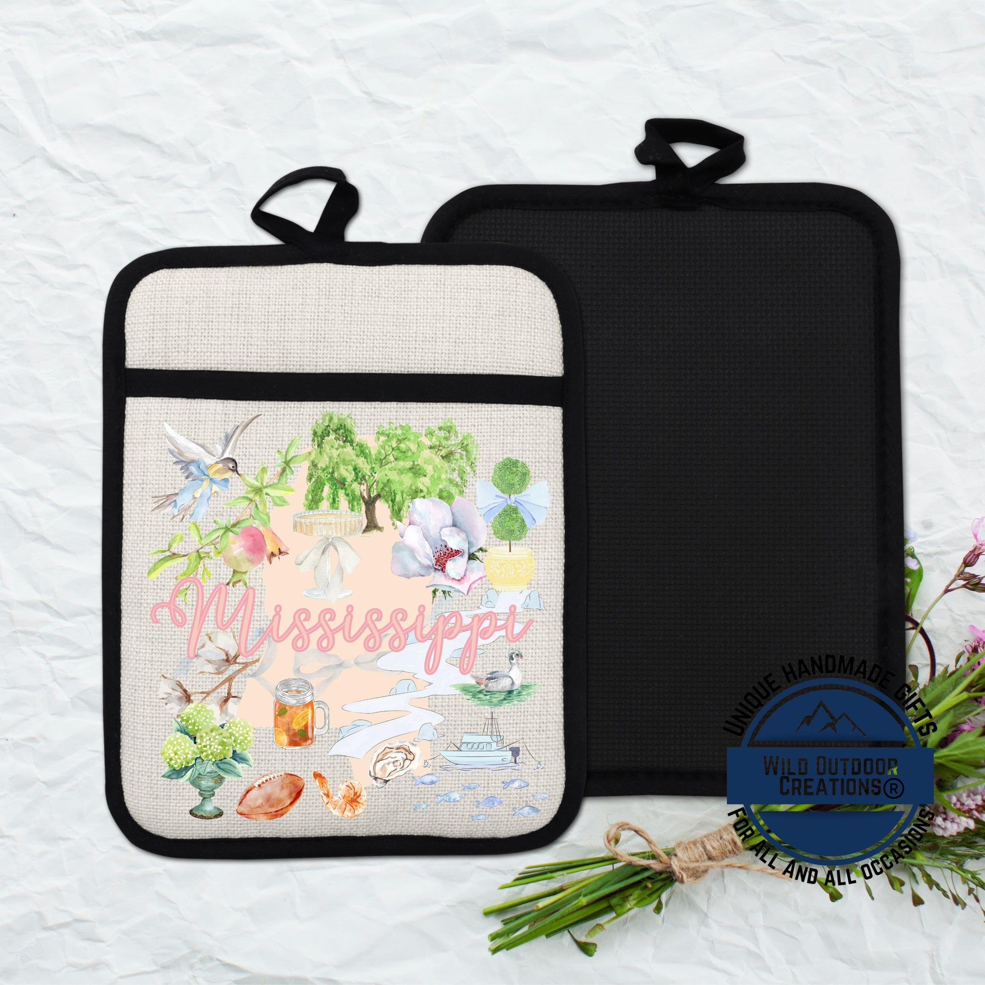 Mississippi Pot Holder | Non Slip Silicone Linen Pocket Potholder With Magnolia Design - additional angle