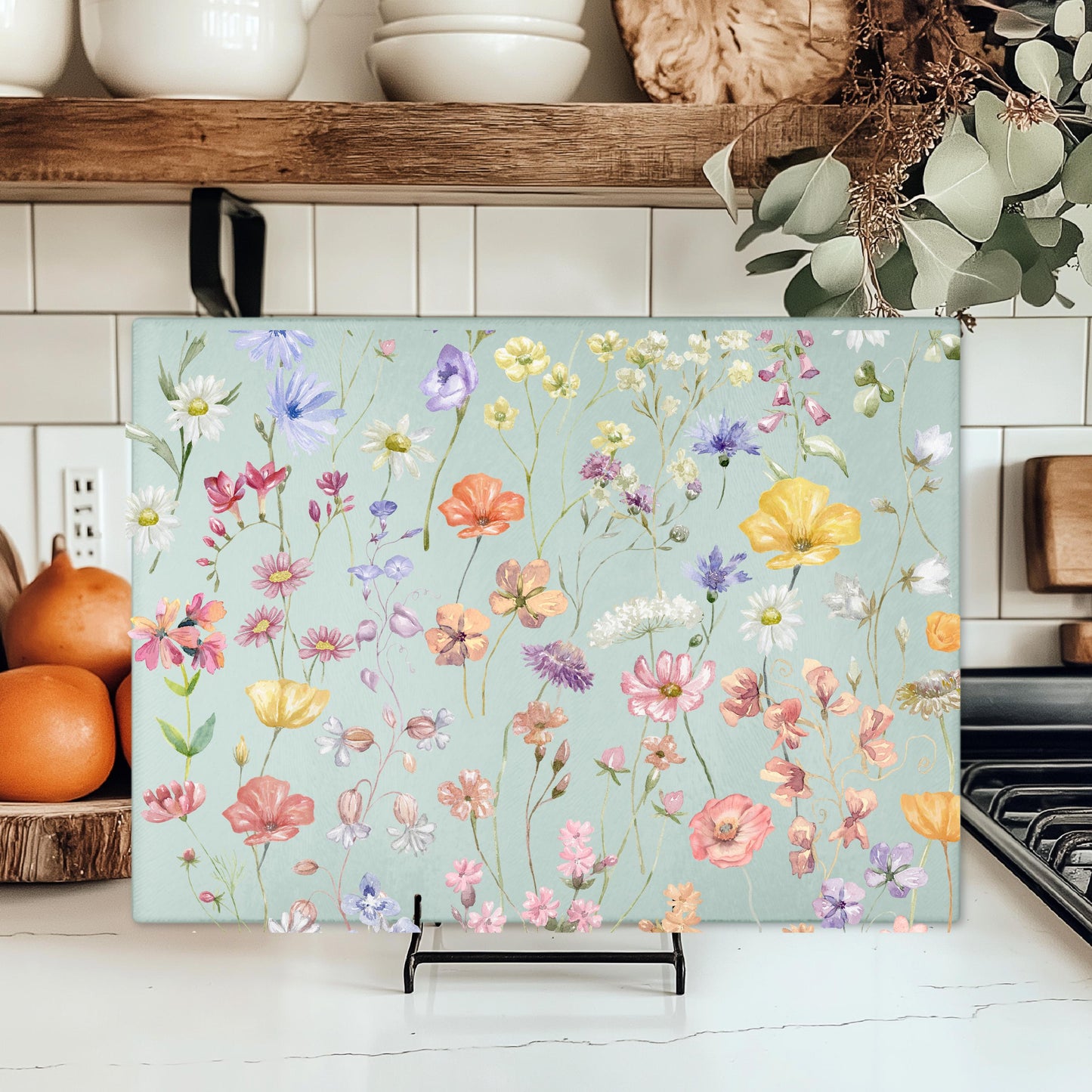 Boho Wildflowers Glass Cutting Board, Unique Kitchen Decor, Hostess Housewarming Gift, Unique Gift for Bride, Charcuterie Board, Textured