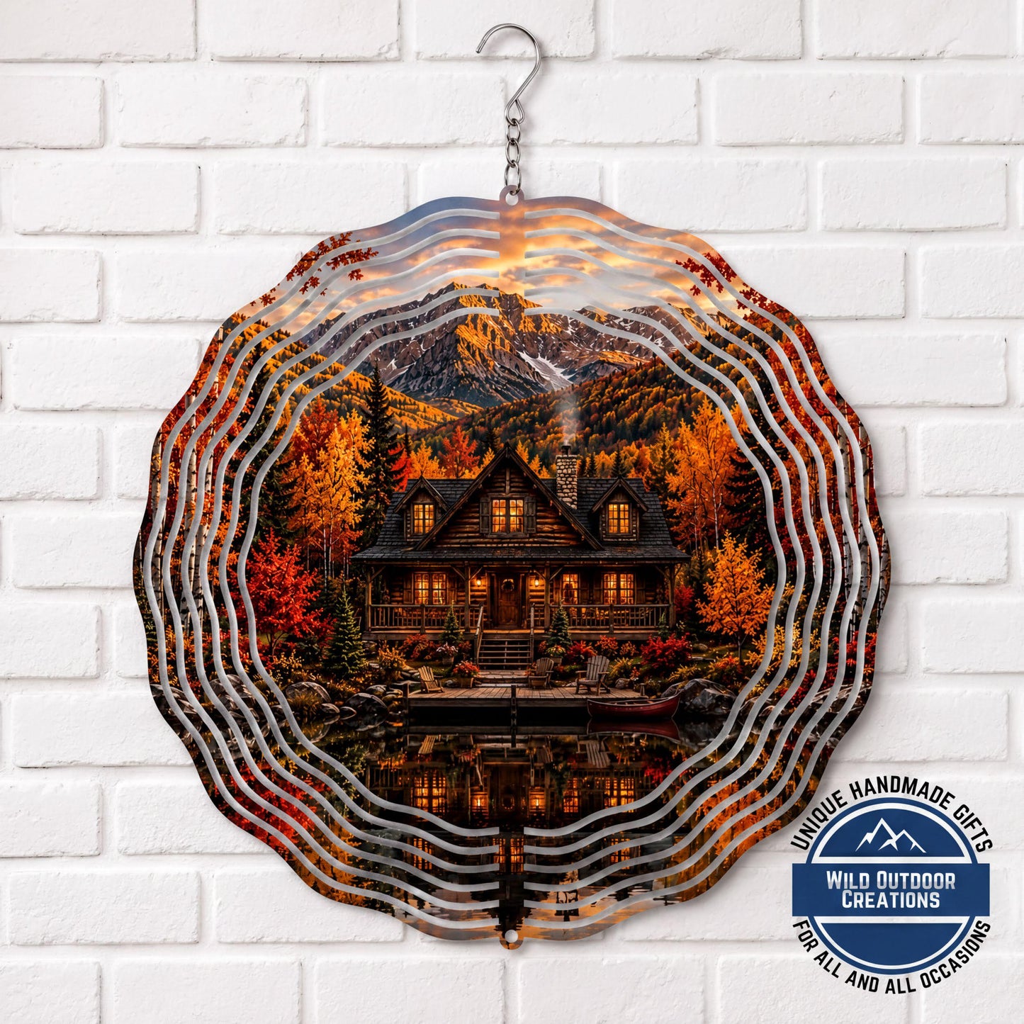 Log Cabin Wind Spinner Fall Mountain Lake Rustic Garden Decor Gift