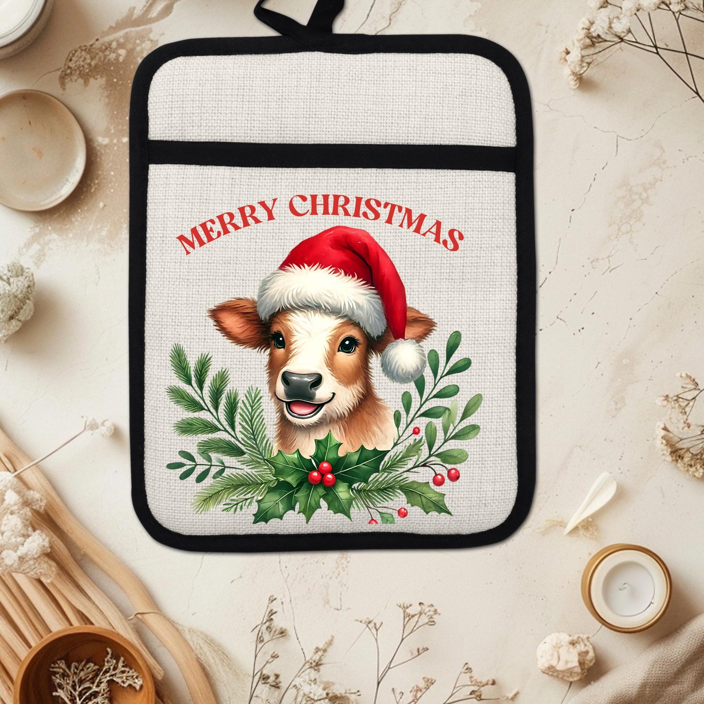Christmas Cow Pot Holder with Santa Hat  Rustic Brown  White Farmhouse Kitchen Decor