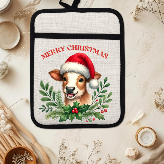 Christmas Cow Pot Holder with Santa Hat  Rustic Brown  White Farmhouse Kitchen Decor