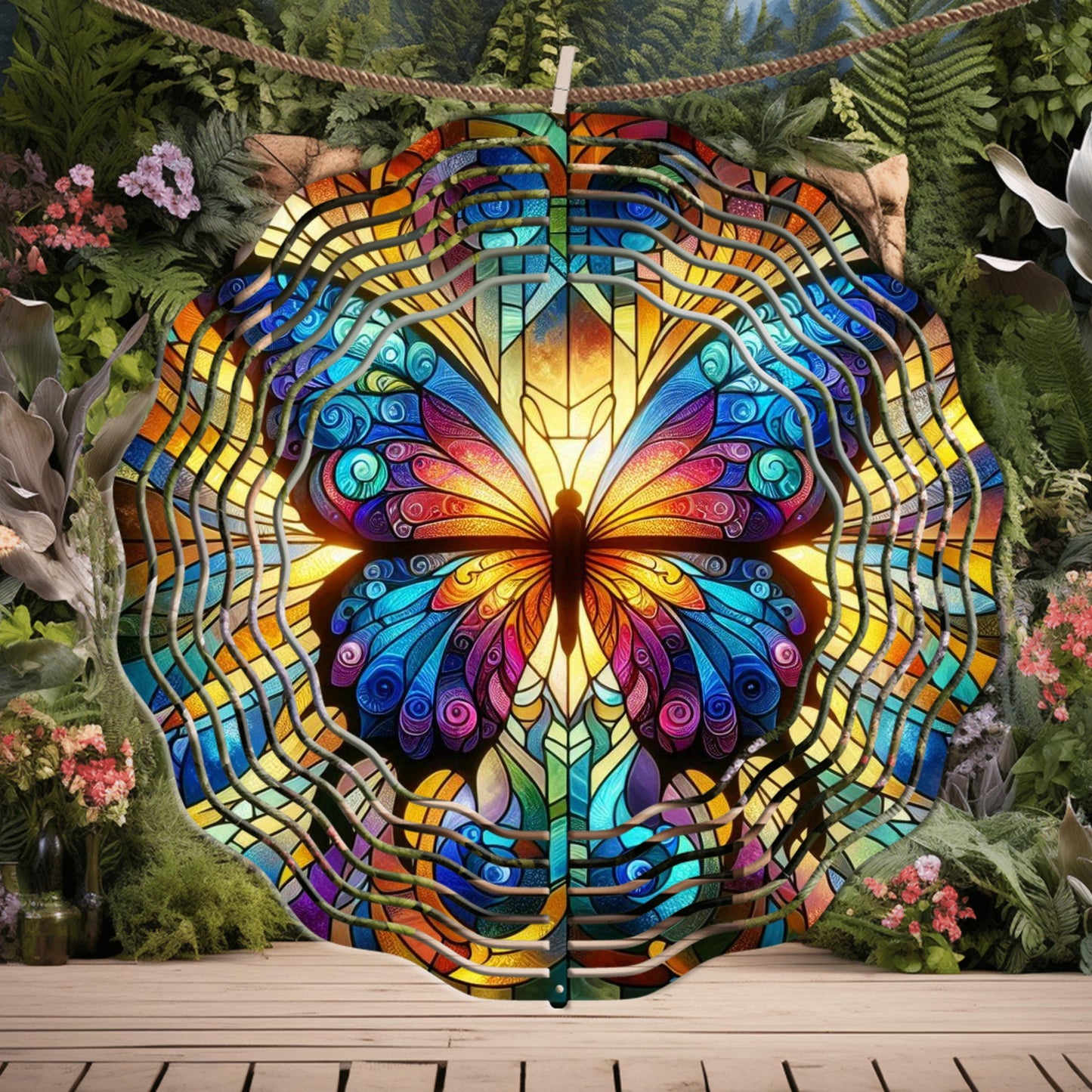 Butterfly Wind Spinner with Vibrant Stained Glass Effect - UV Protected Garden Decor