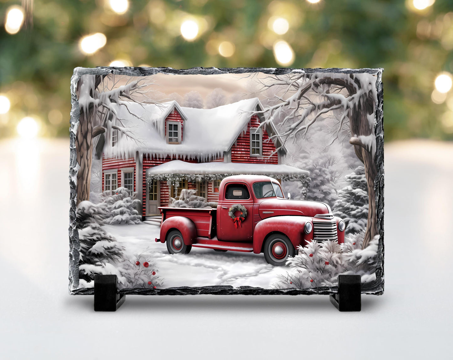 Winter Farm Scene Slate with Red Truck and Wreath - Festive Christmas Decor Gift for Home