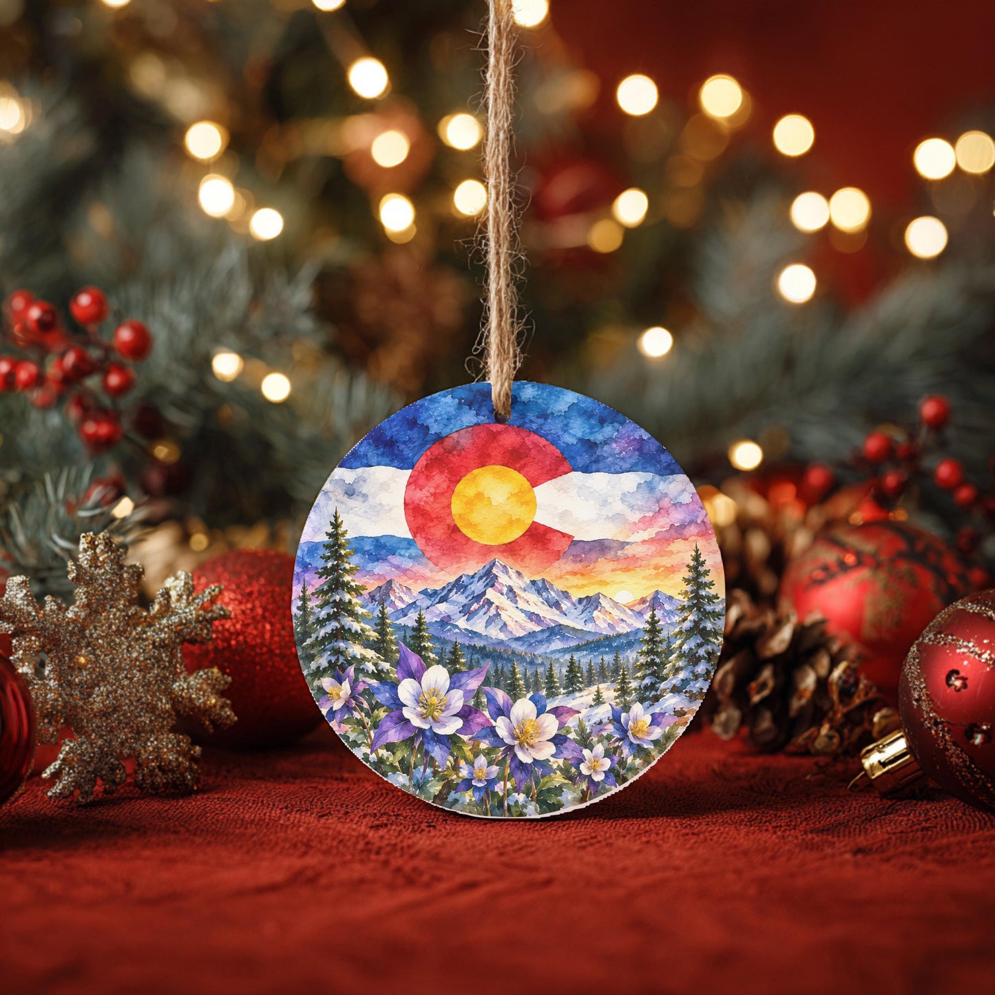A round ornament featuring a colorful mountain landscape with a red sun in the sky, surrounded by pine trees and flowers, is hanging from a string.